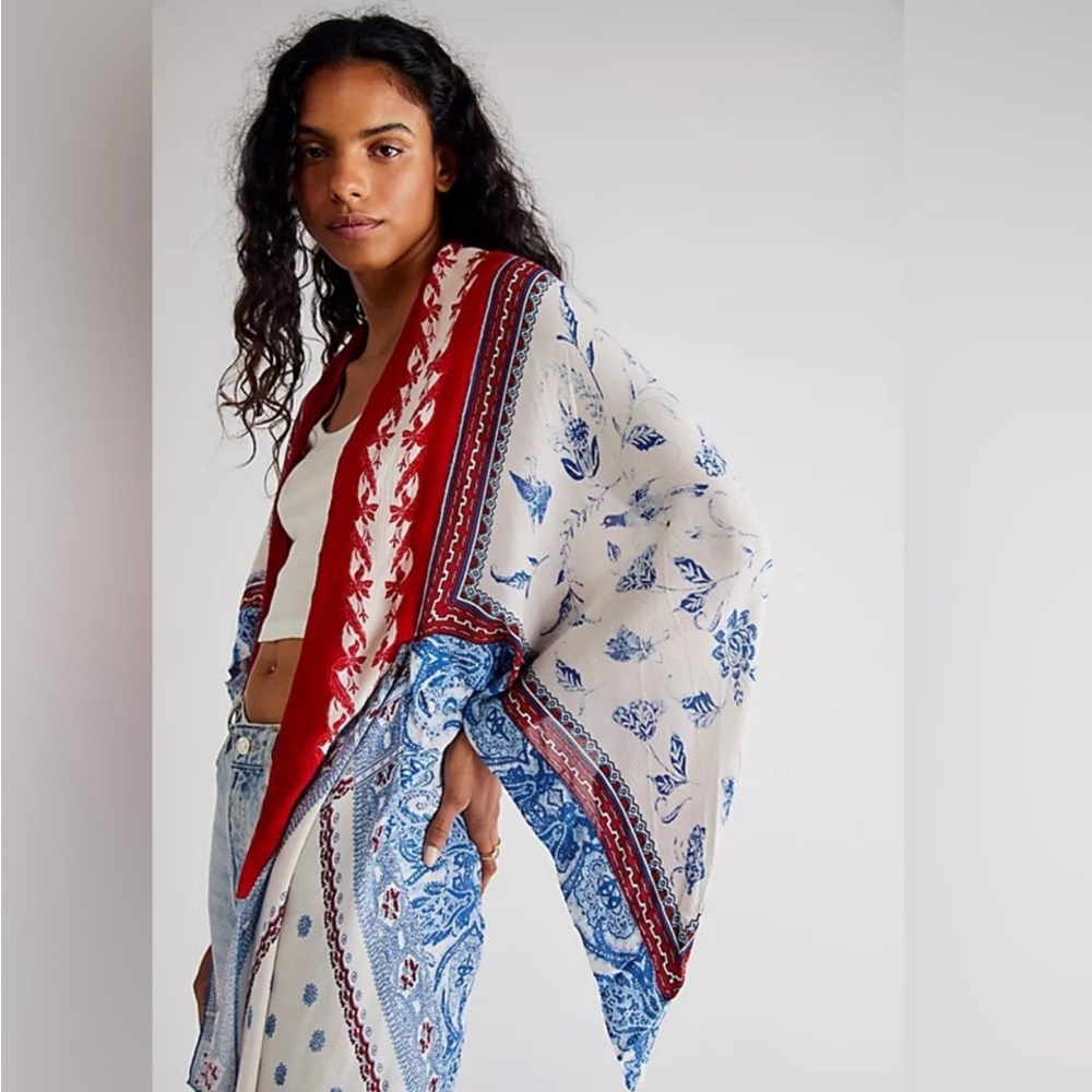 Free People Red and Blue Floral Patterned Kimono/ coverup